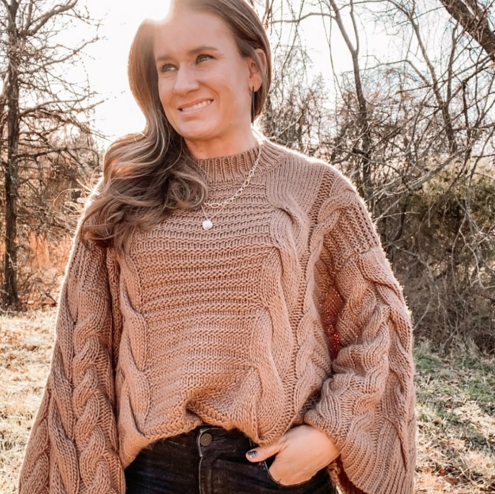 NEW! Cableknit Sweater Camel Tan Neutral Trendy Top Statement Sleeves - Picture 3 of 12